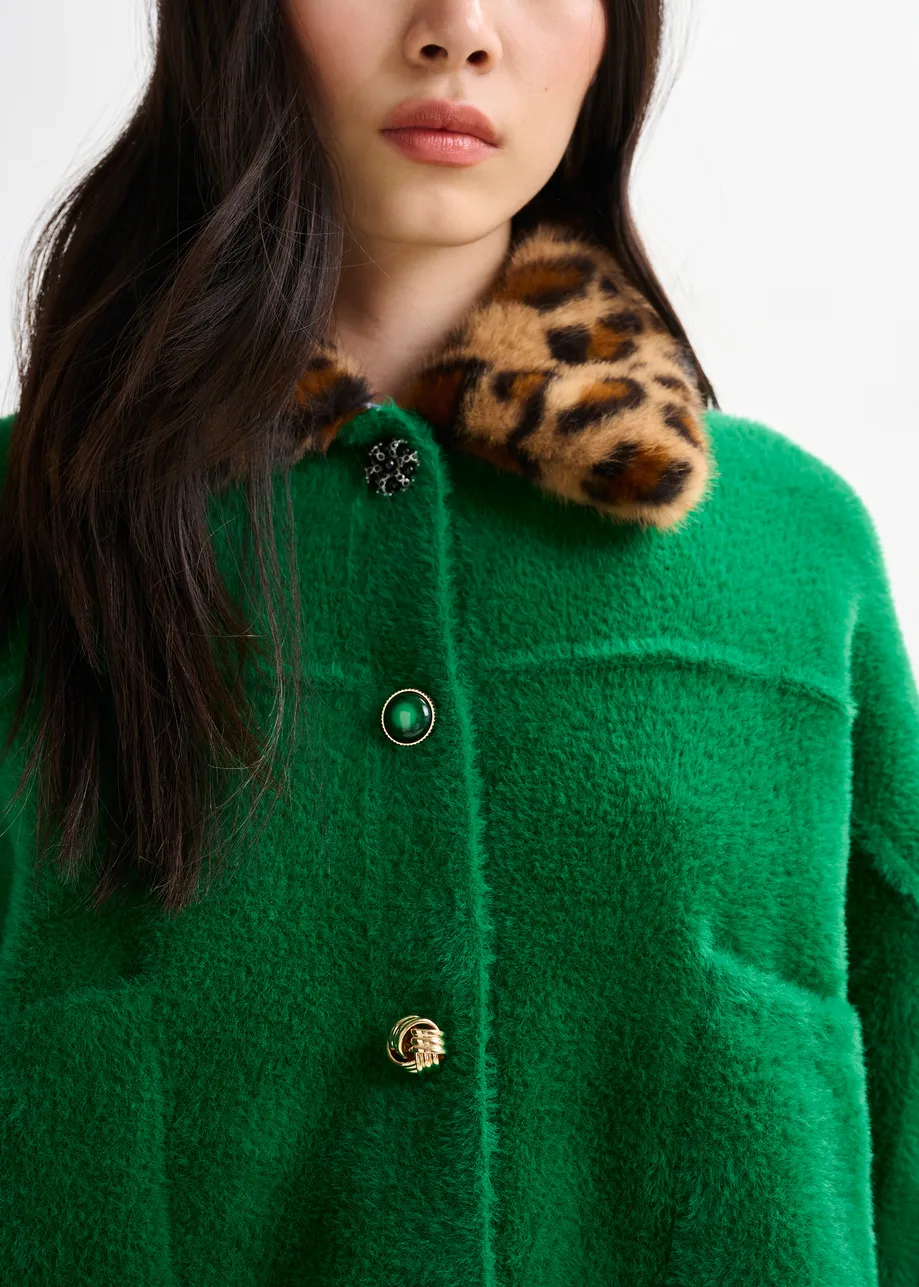 Green cardigan with removable leopard faux fur collar