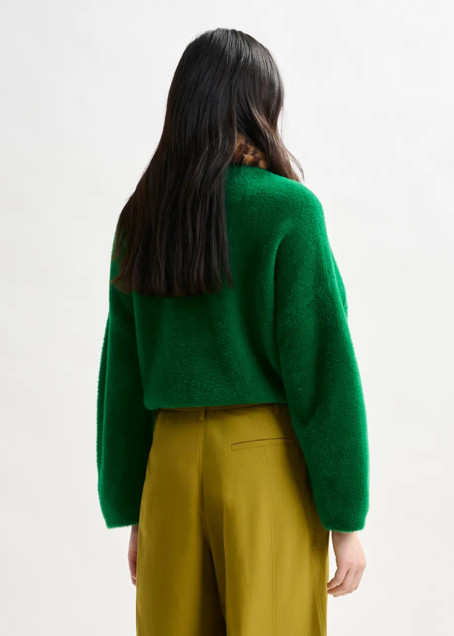 Green cardigan with removable leopard faux fur collar