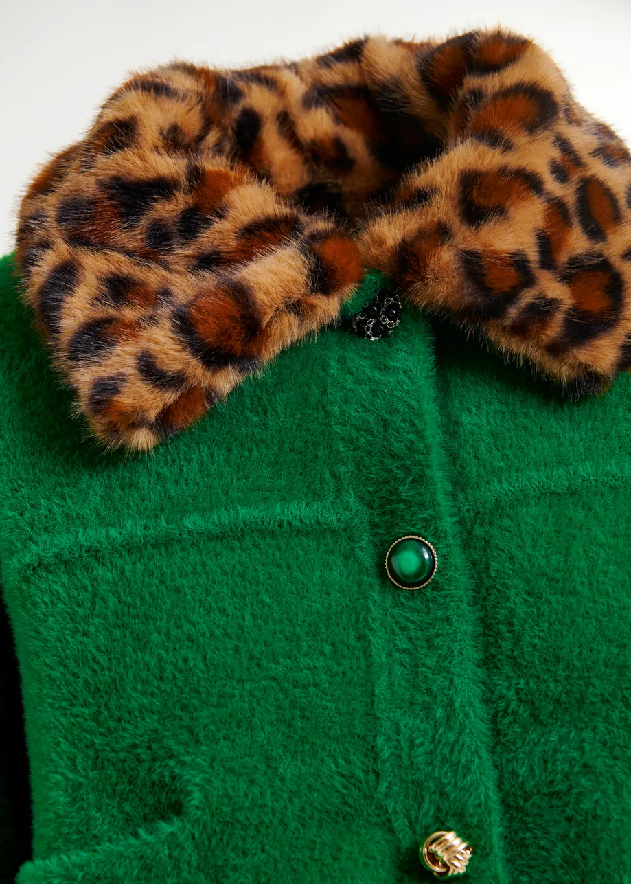 Green cardigan with removable leopard faux fur collar