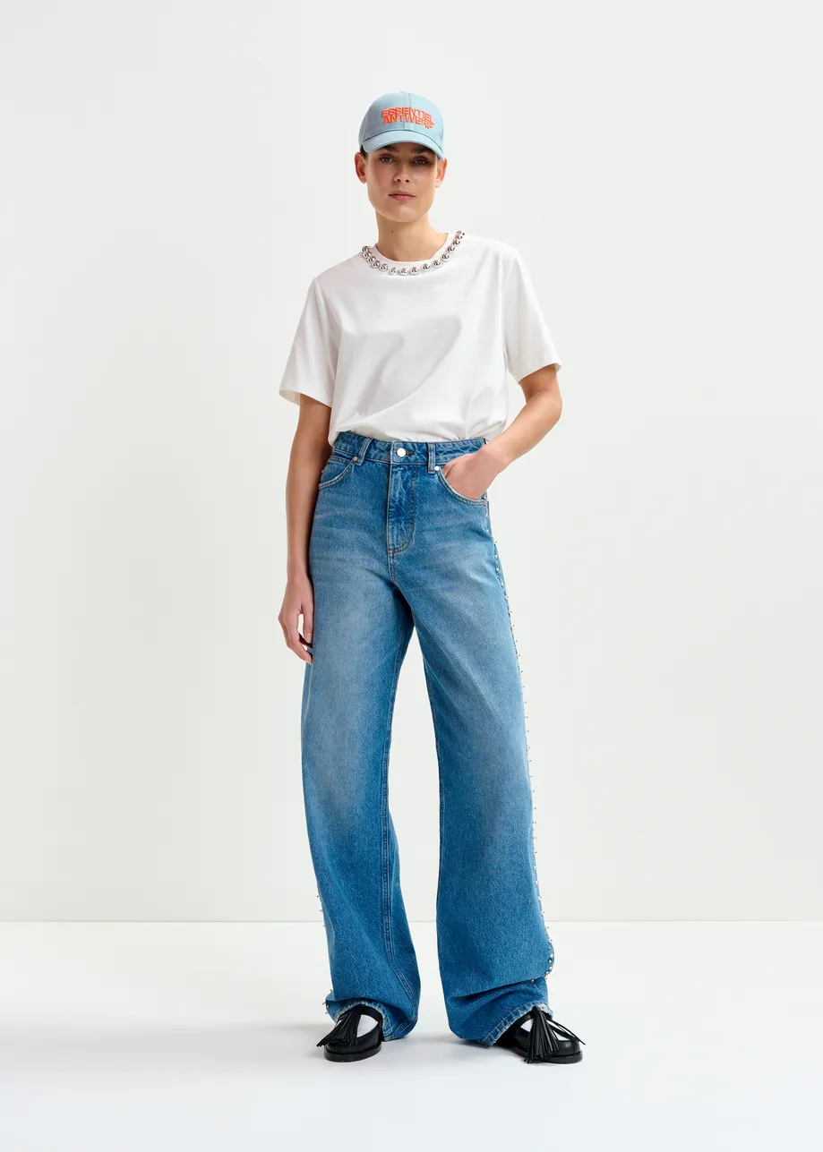 Blue straight leg jeans with pearl and stud embellishments