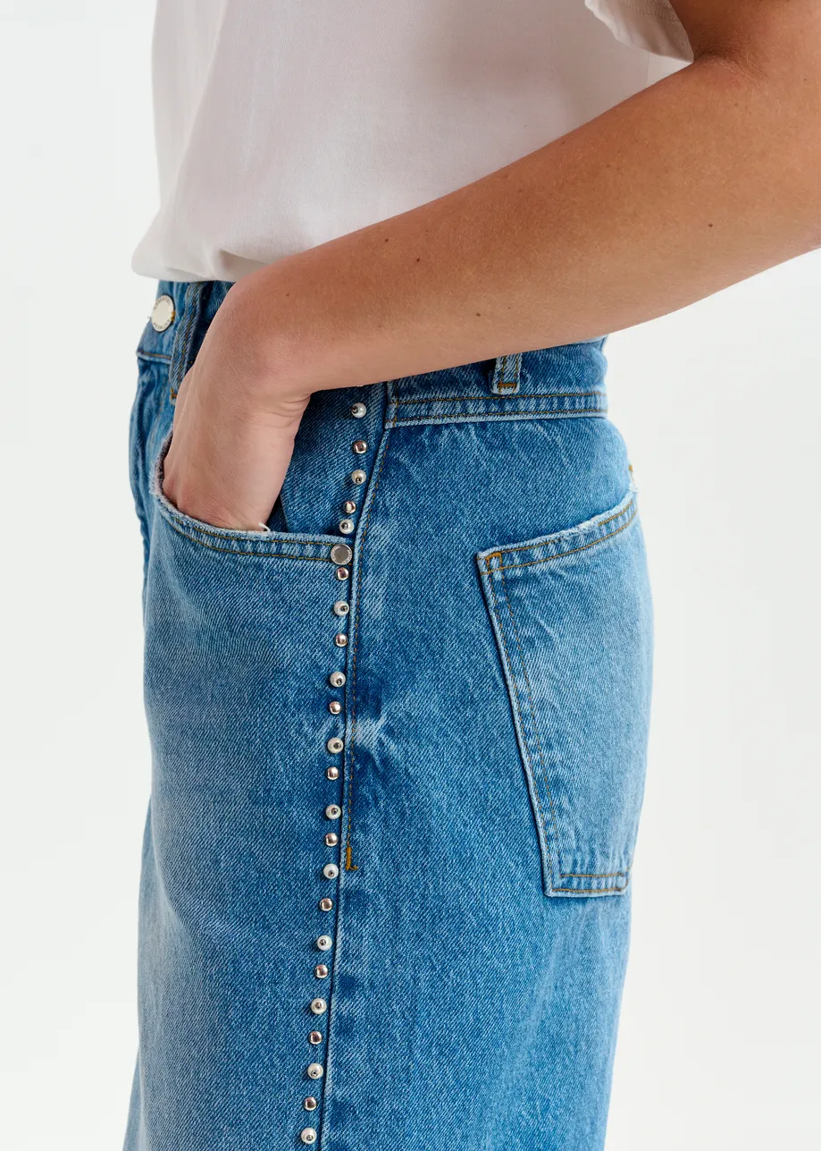 Blue straight leg jeans with pearl and stud embellishments