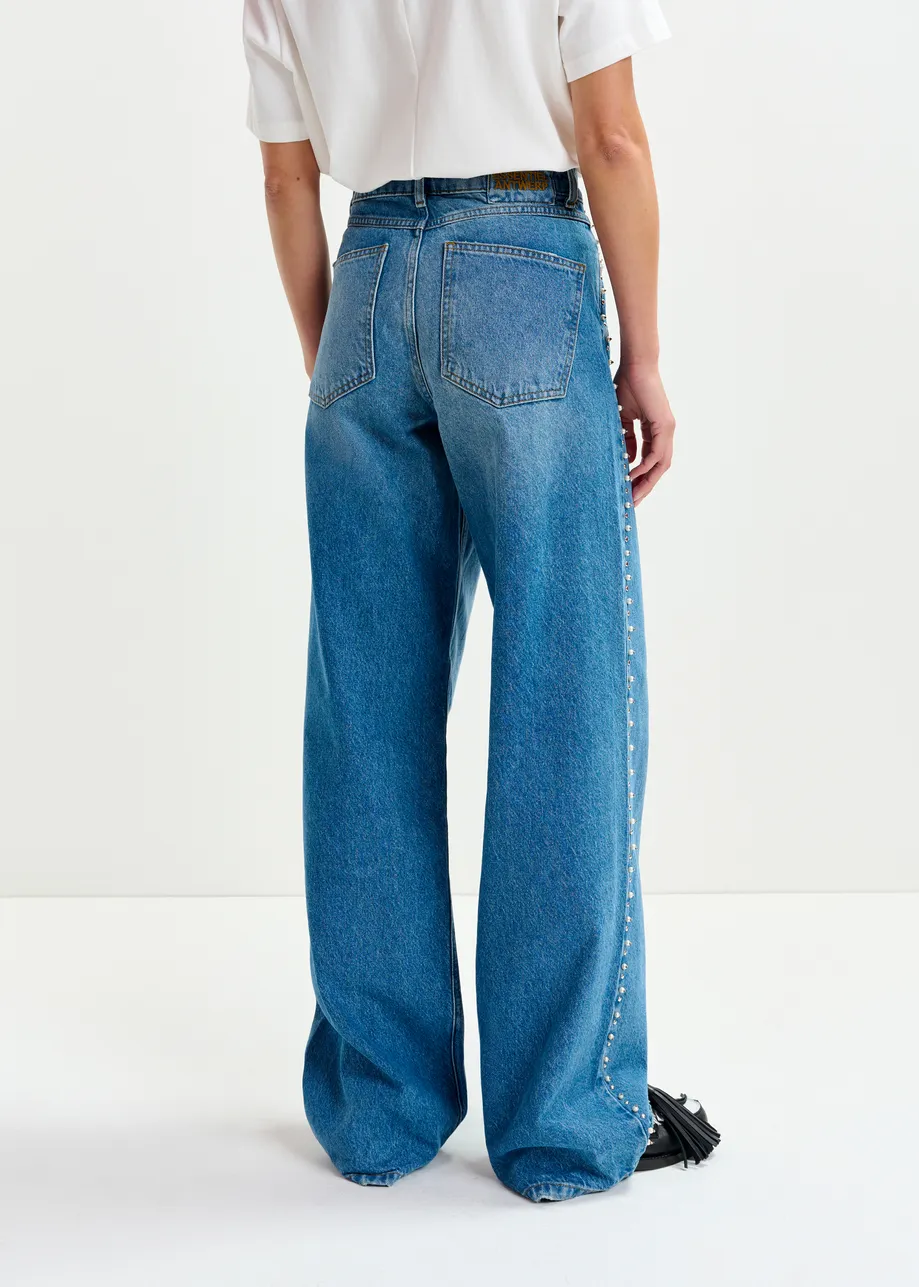 Blue straight leg jeans with pearl and stud embellishments