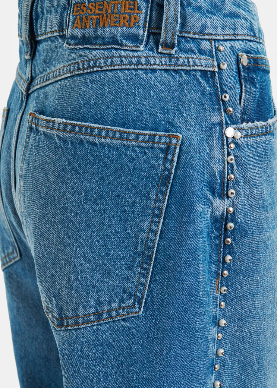 Blue straight leg jeans with pearl and stud embellishments