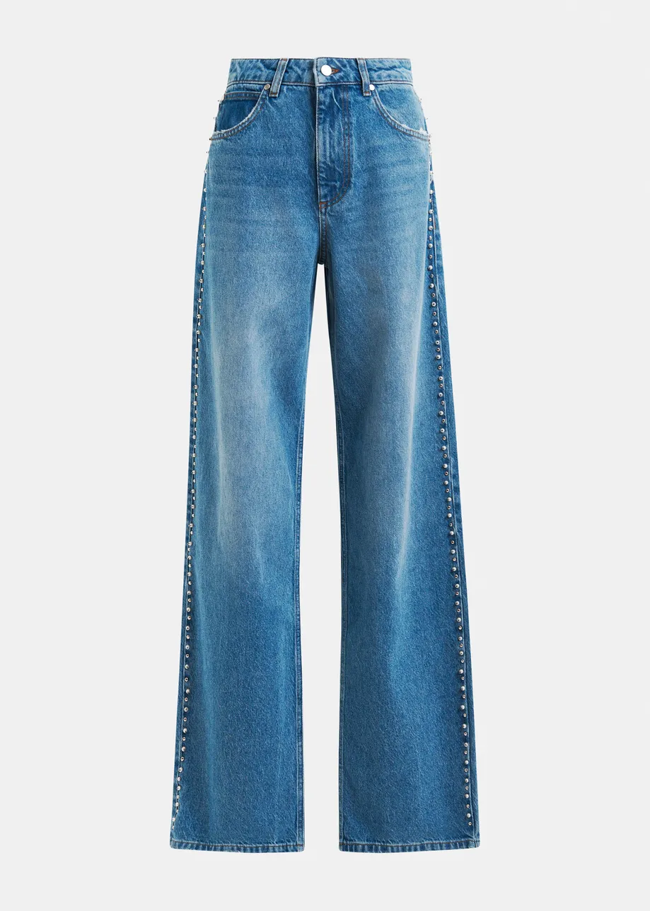 Blauwe jeans met rechte pijpen en parel- en stud-versieringen