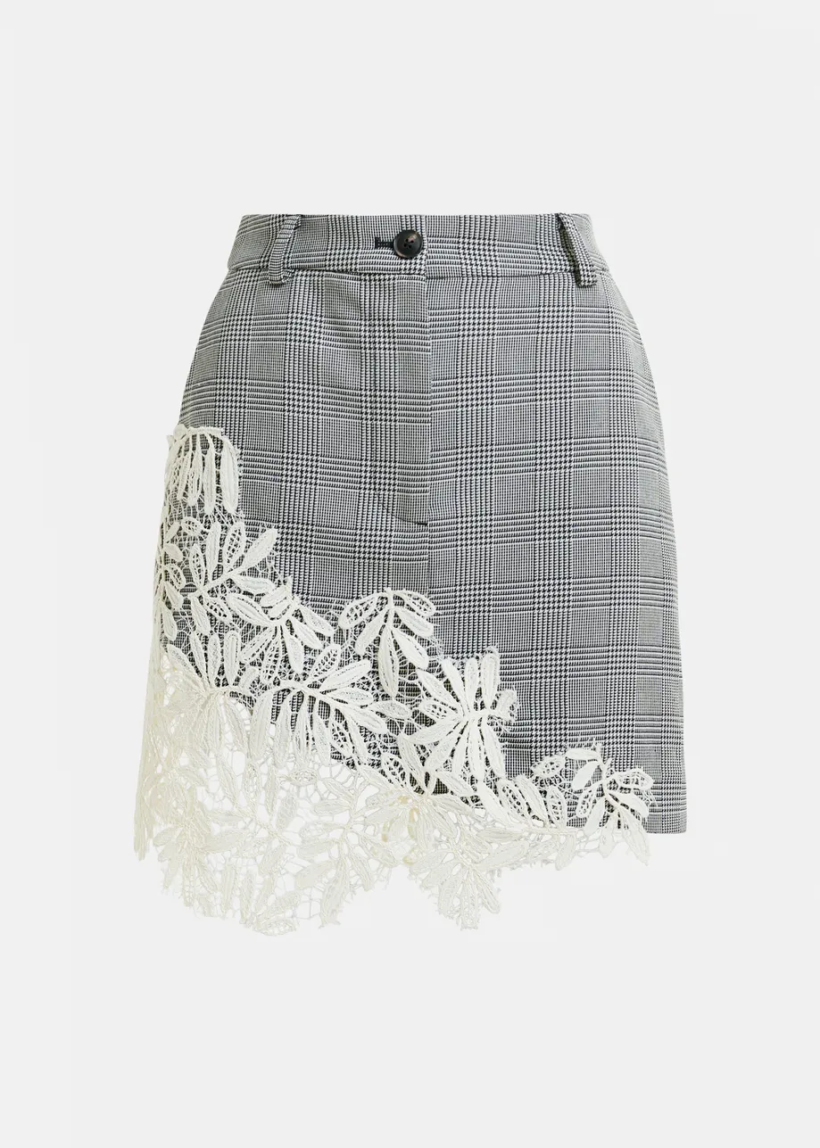 Grey, black and white checked asymmetric skirt with lace appliqué