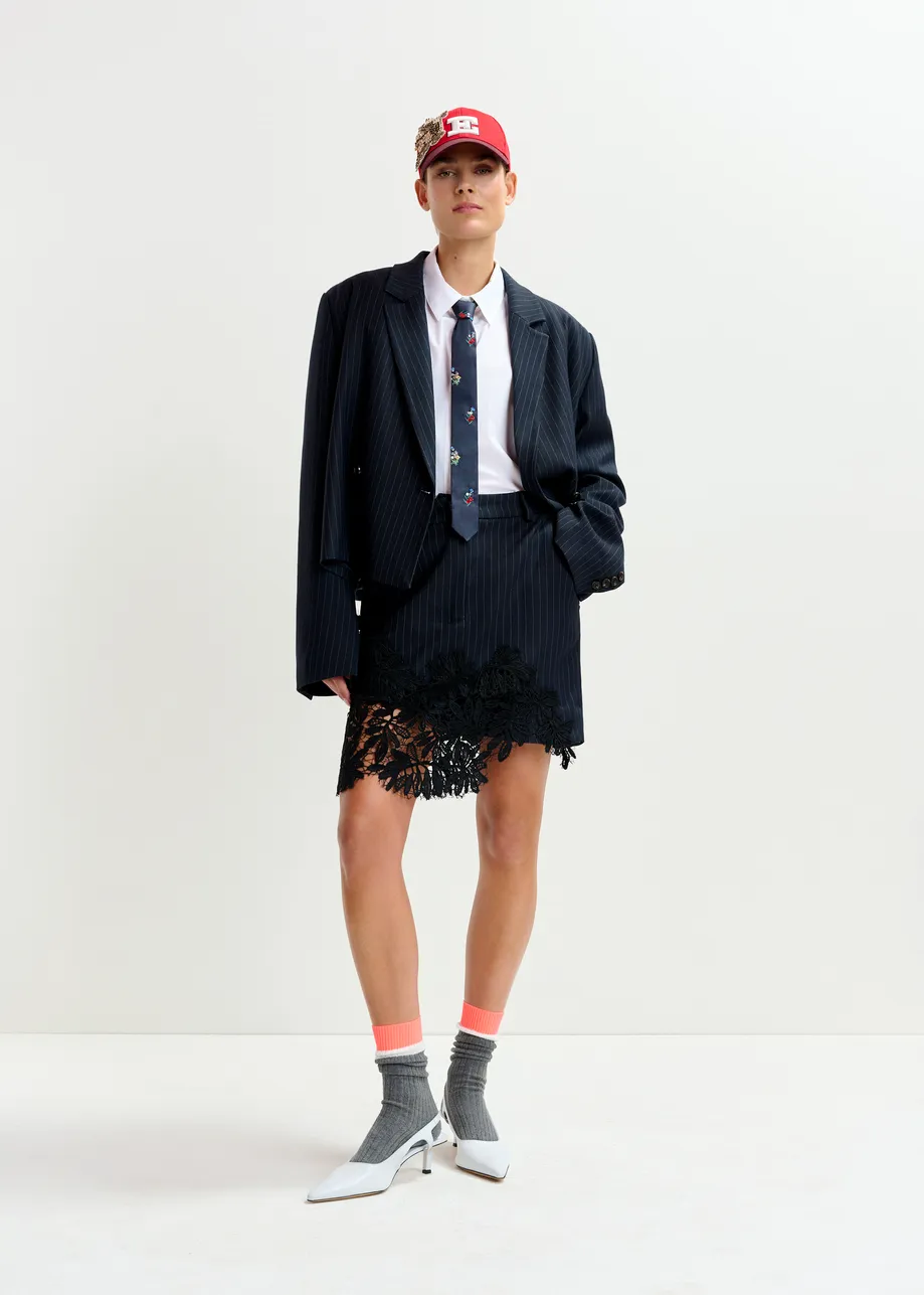 Navy, white and black pinstripe asymmetric skirt with lace appliqué