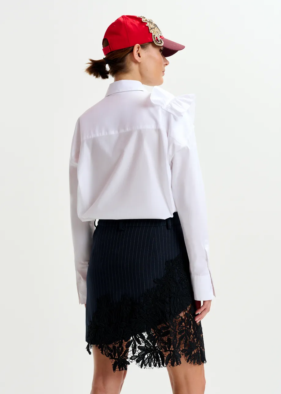 Navy, white and black pinstripe asymmetric skirt with lace appliqué