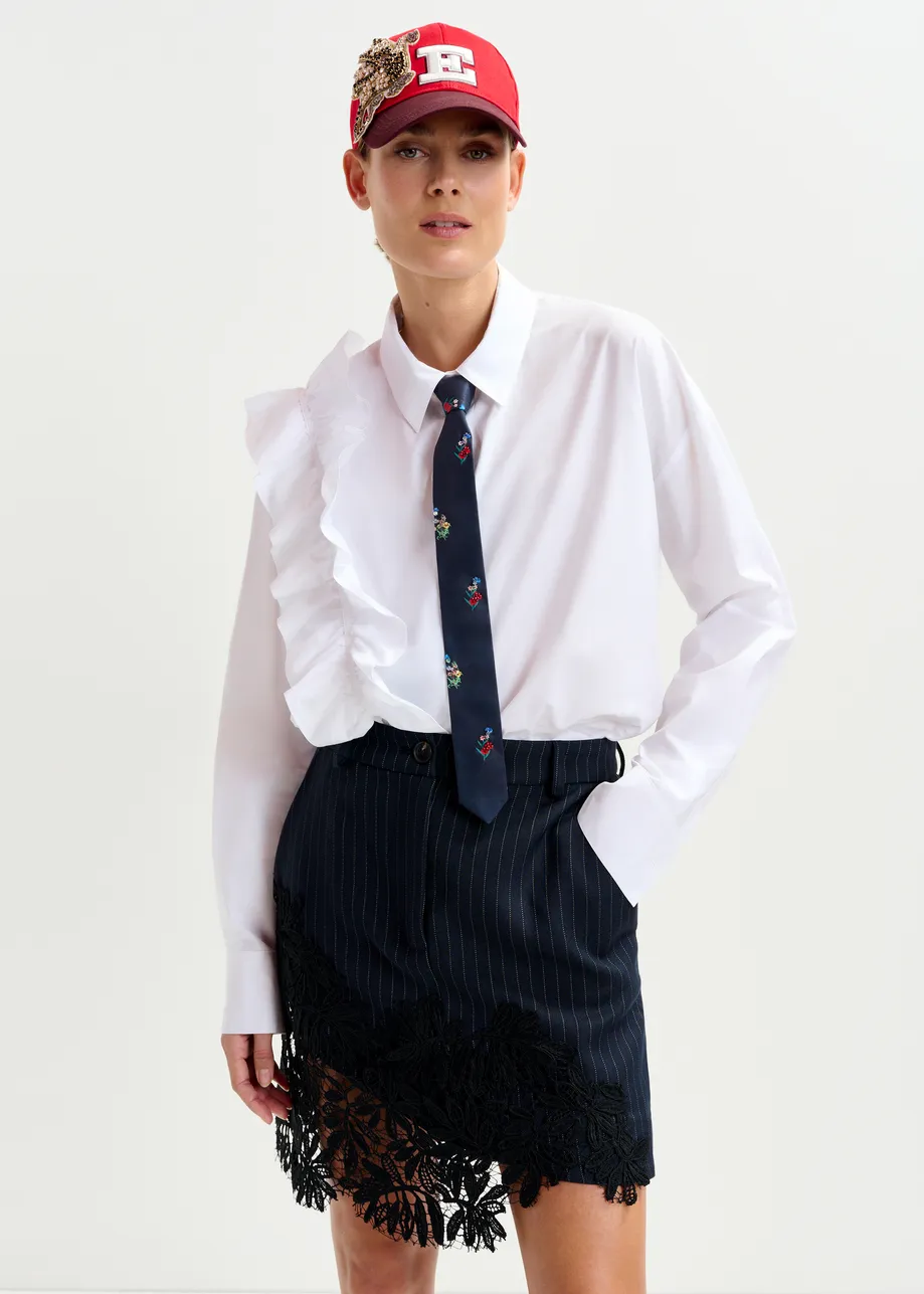 Navy, white and black pinstripe asymmetric skirt with lace appliqué