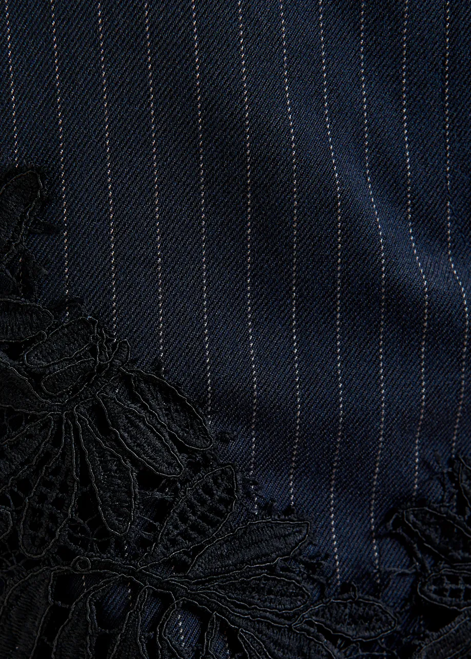 Navy, white and black pinstripe asymmetric skirt with lace appliqué