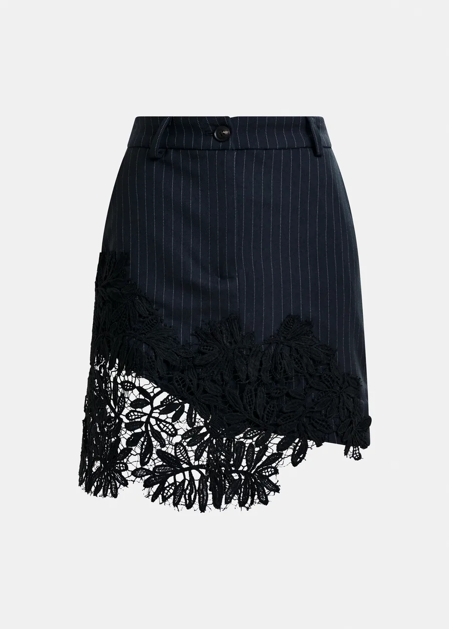 Navy, white and black pinstripe asymmetric skirt with lace appliqué