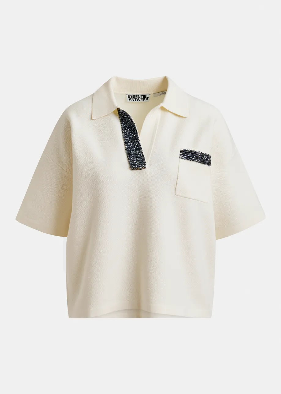 Off-white and grey polo top with bead embellishments