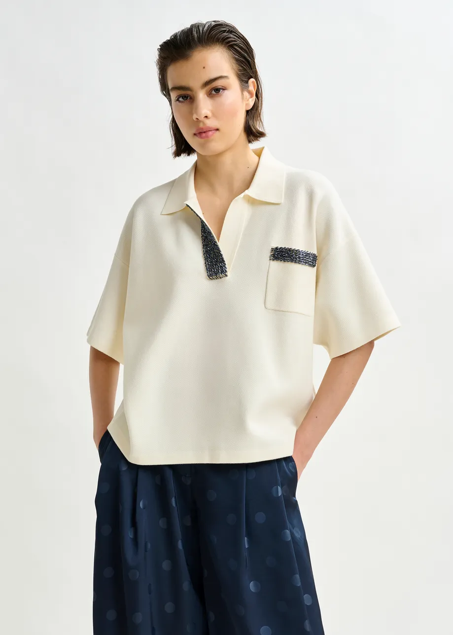 Off-white and grey polo top with bead embellishments