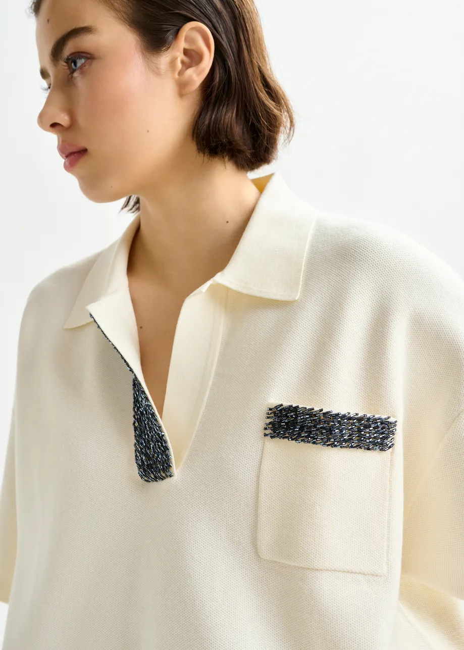 Off-white and grey polo top with bead embellishments