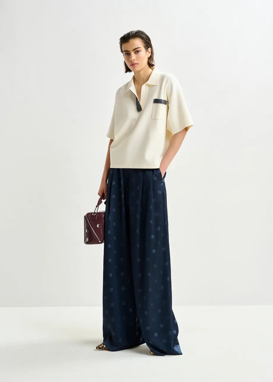 Off-white and grey polo top with bead embellishments