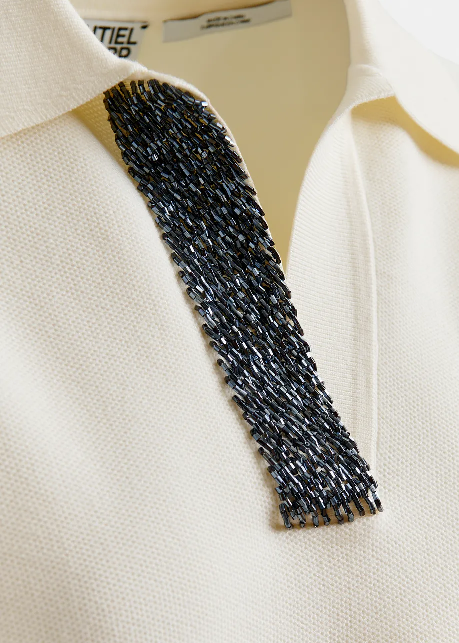 Off-white and grey polo top with bead embellishments