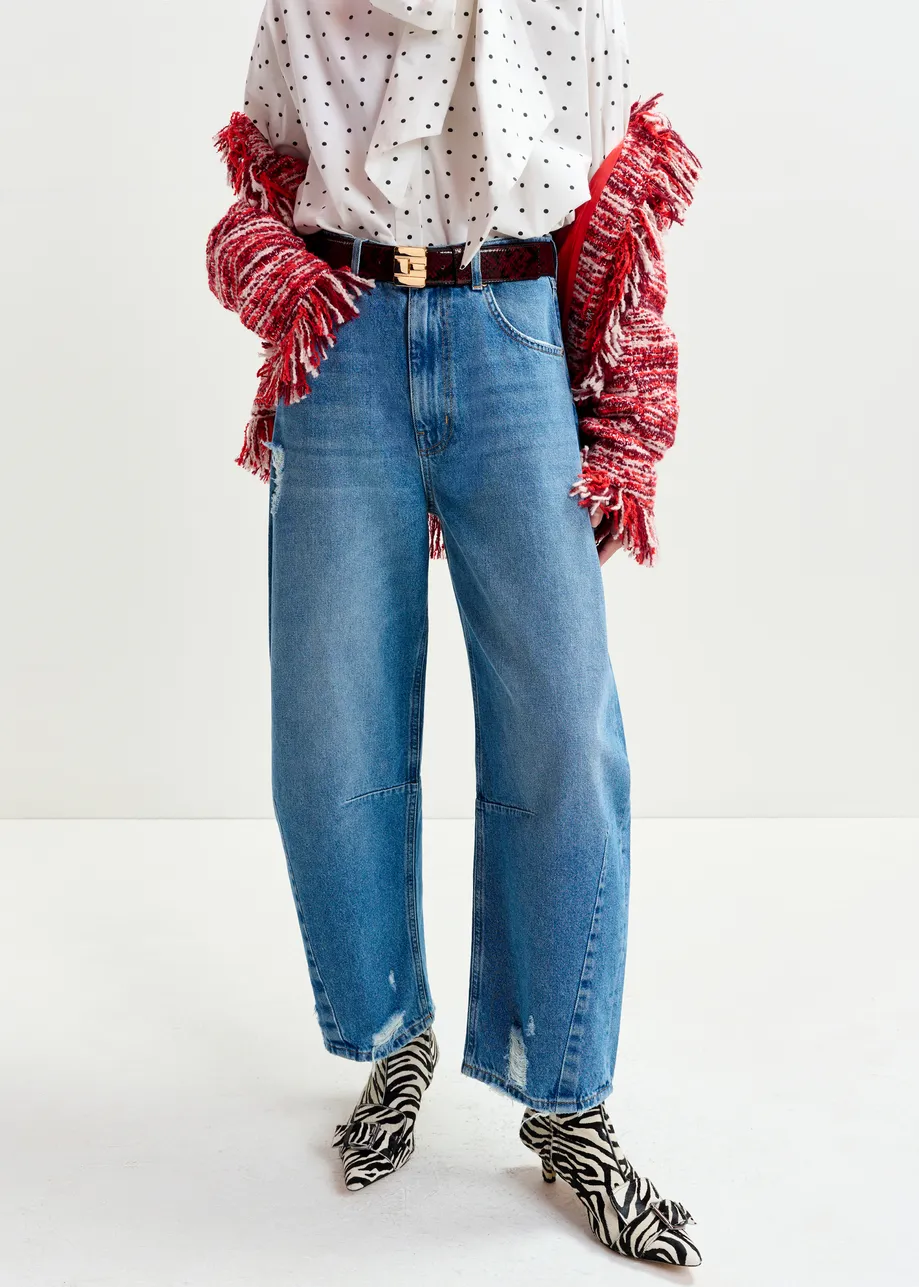 Blue organic cotton cropped barrel-leg jeans
