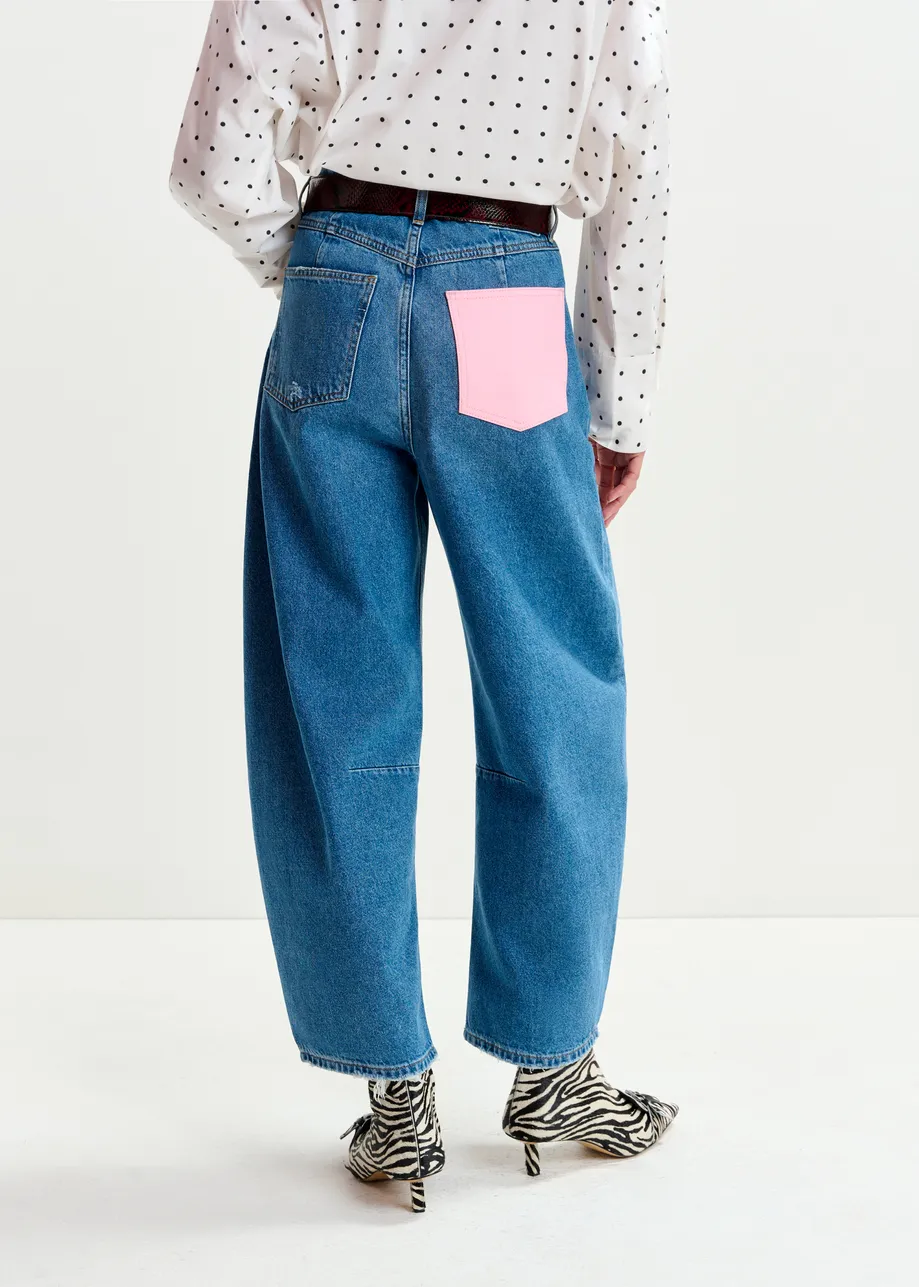 Blue organic cotton cropped barrel-leg jeans