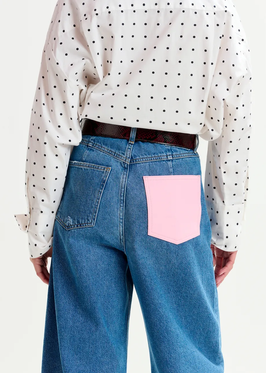 Blue organic cotton cropped barrel-leg jeans