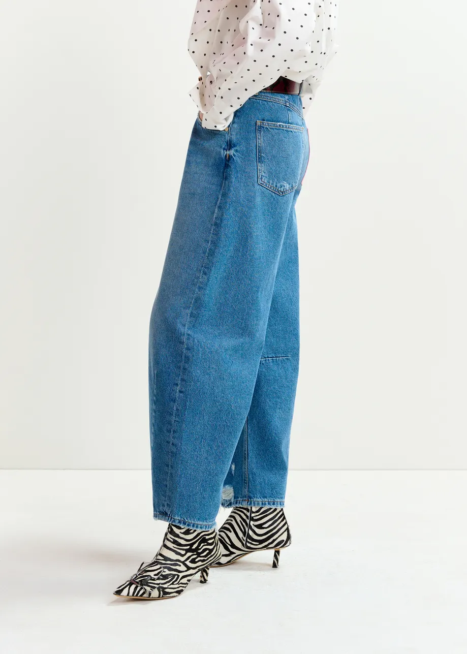 Blue organic cotton cropped barrel-leg jeans