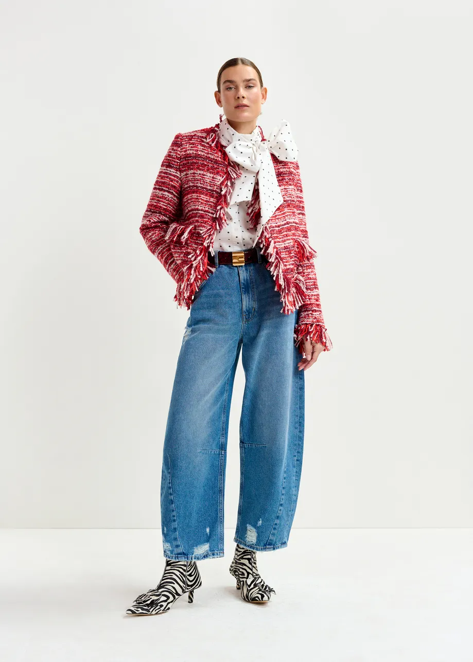 Blue organic cotton cropped barrel-leg jeans