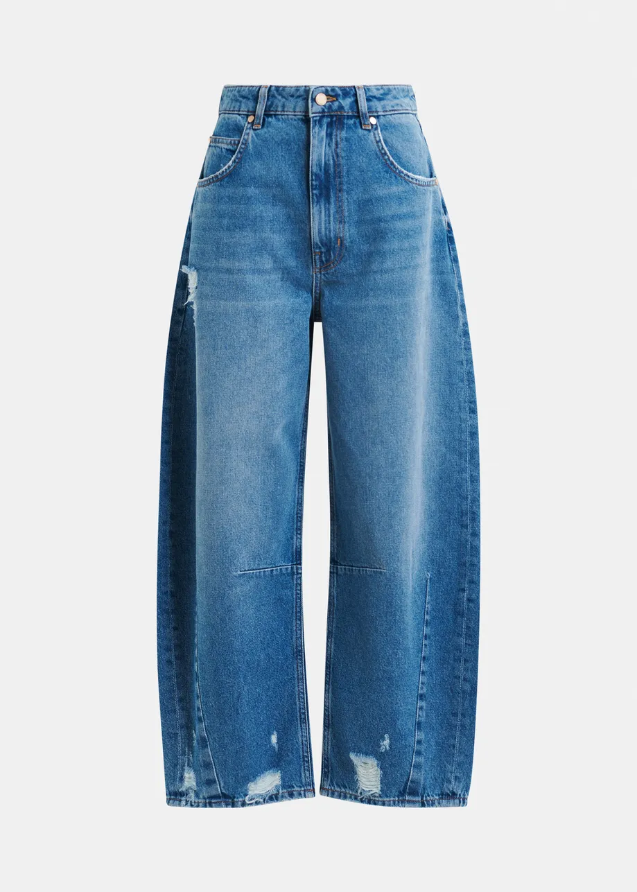Blue organic cotton cropped barrel-leg jeans