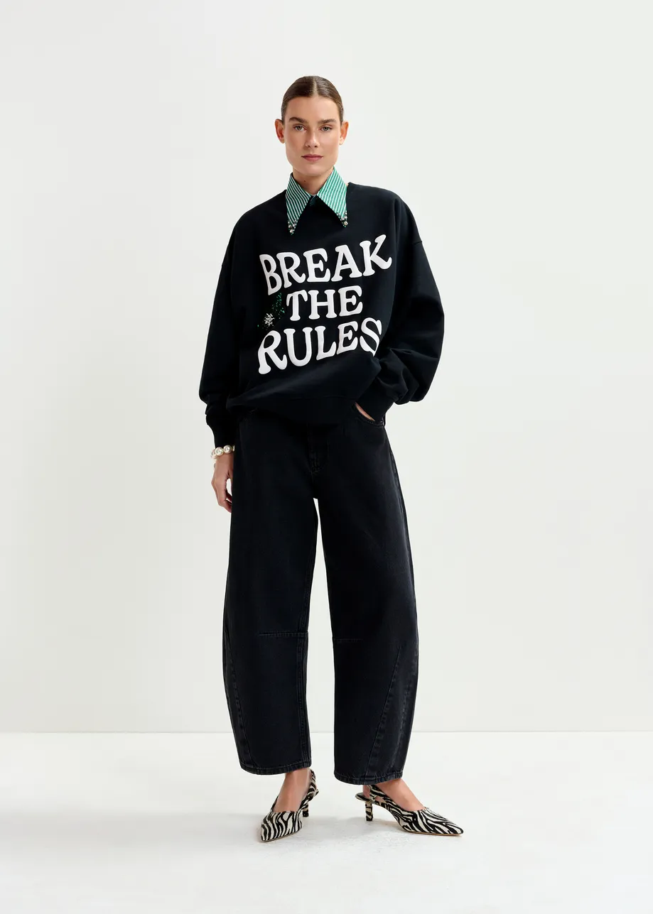 Black organic cotton cropped barrel-leg jeans