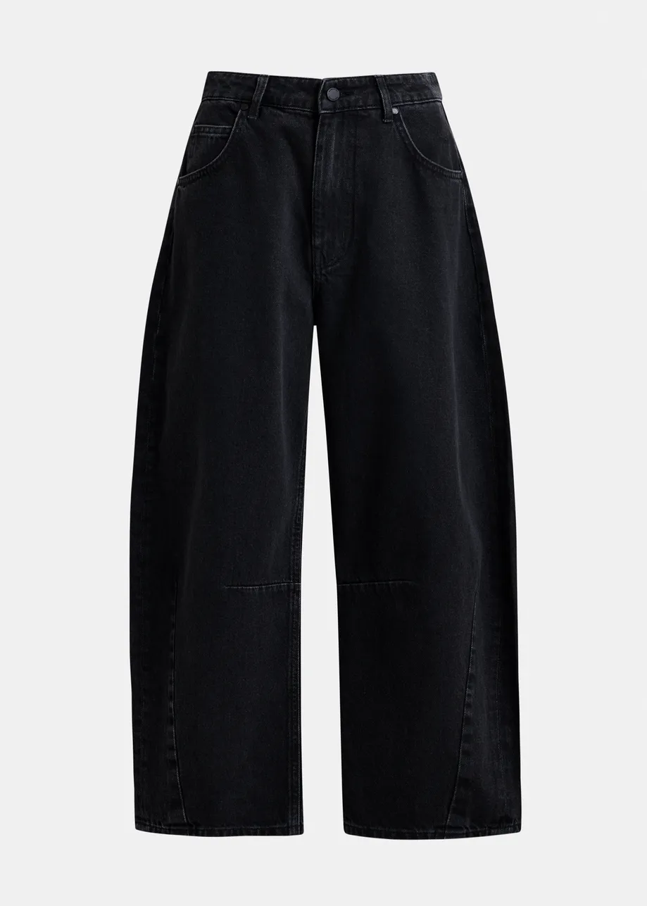 Black organic cotton cropped barrel-leg jeans
