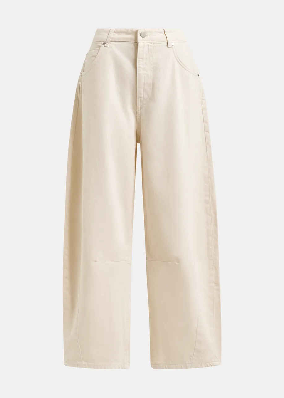 White organic cotton cropped barrel-leg jeans