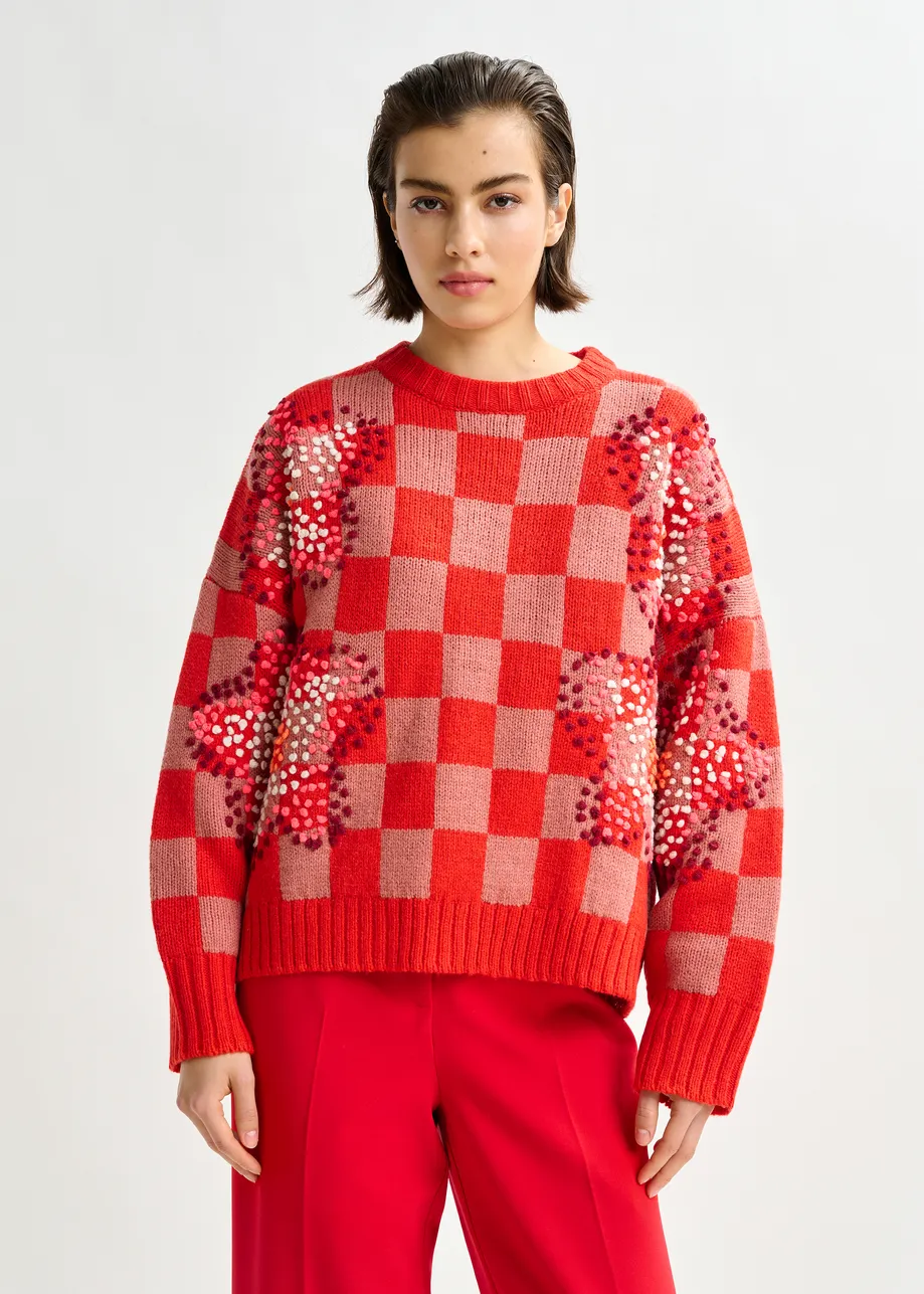 Red, brown and off-white checkerboard floral jacquard knit sweater