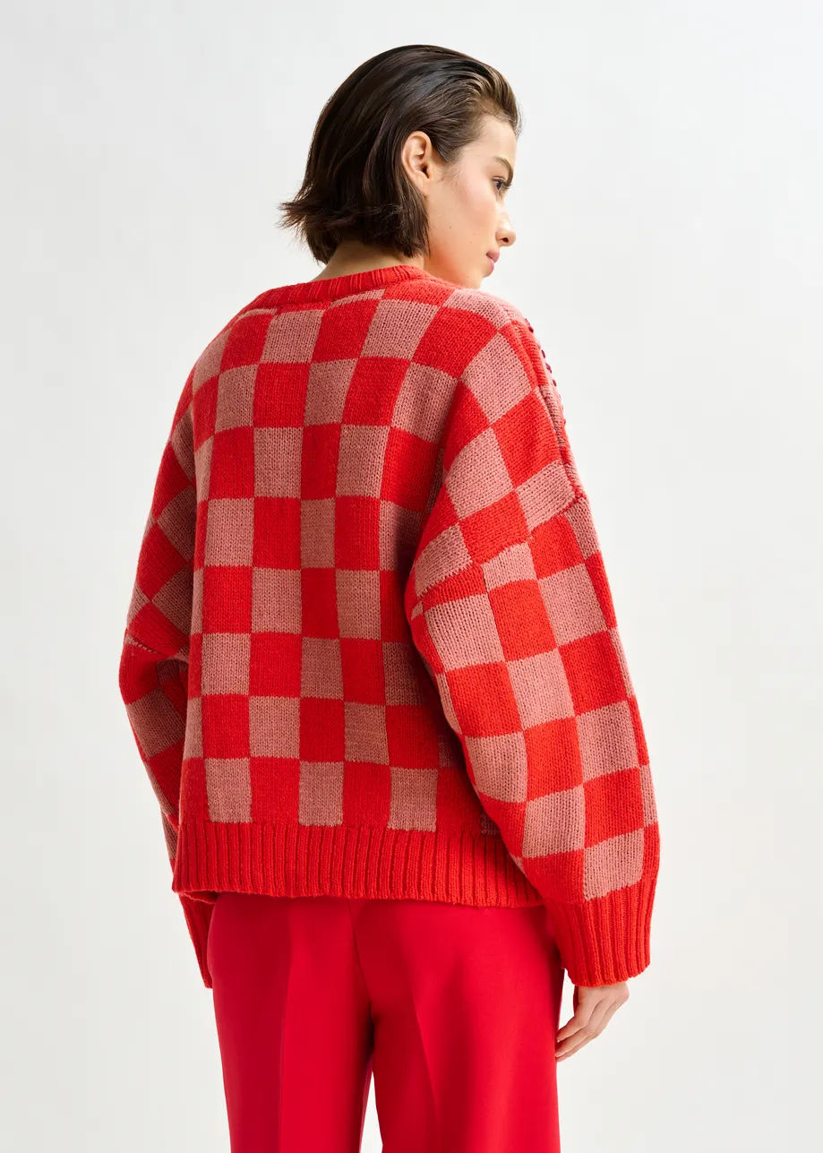 Red, brown and off-white checkerboard floral jacquard knit sweater