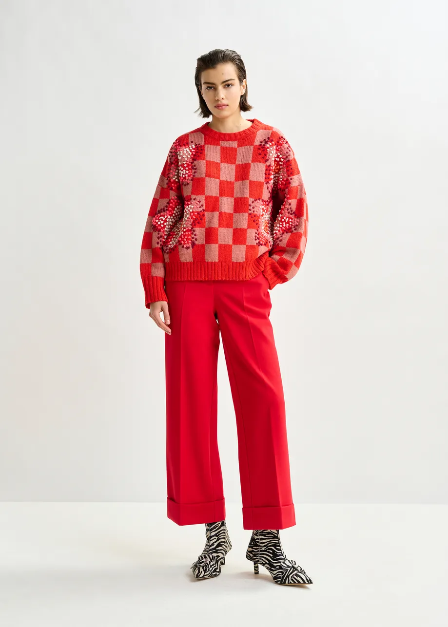 Red, brown and off-white checkerboard floral jacquard knit sweater