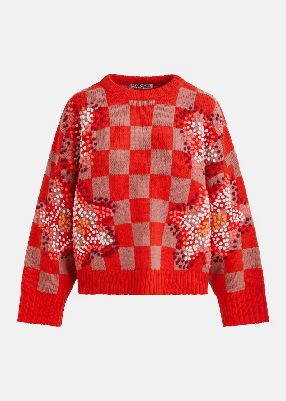 Red, brown and off-white checkerboard floral jacquard knit sweater