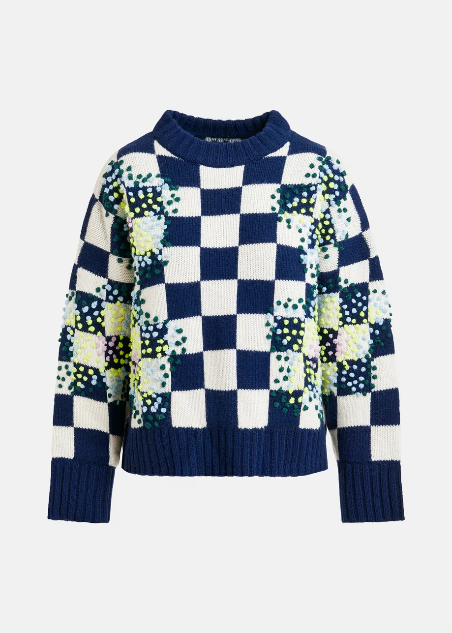 Navy, off-white and yellow checkerboard floral jacquard knit sweater