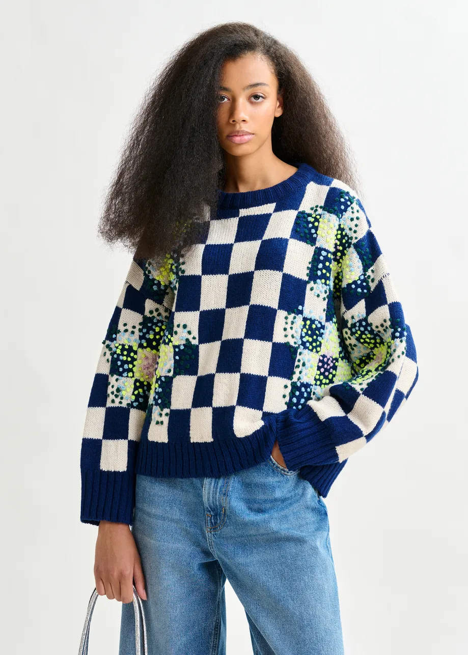 Navy, off-white and yellow checkerboard floral jacquard knit sweater