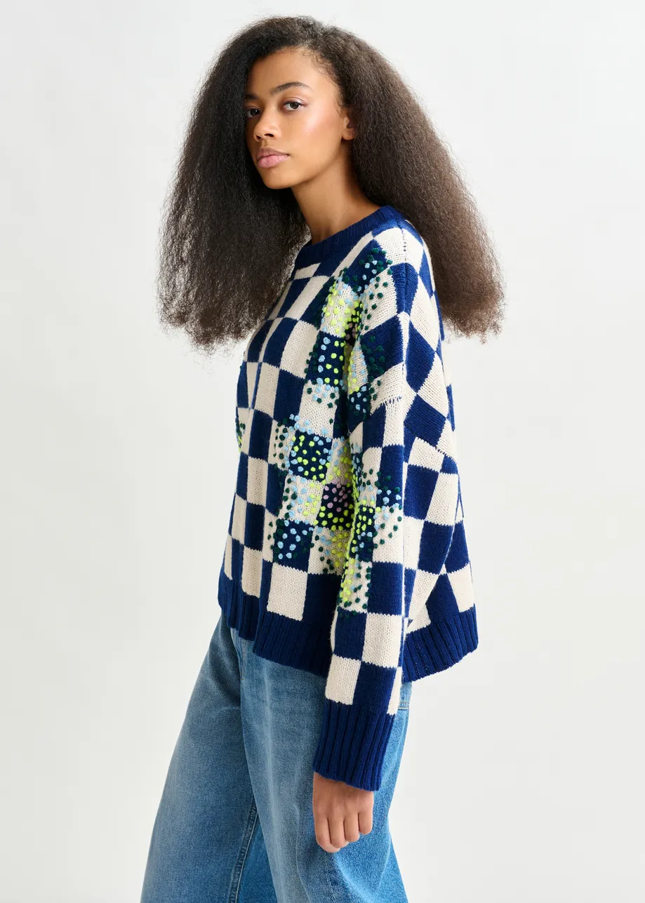 Navy, off-white and yellow checkerboard floral jacquard knit sweater
