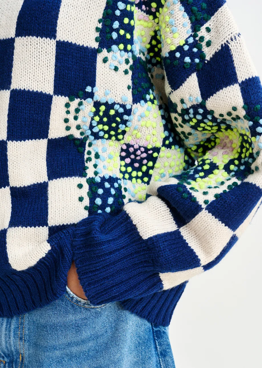Navy, off-white and yellow checkerboard floral jacquard knit sweater