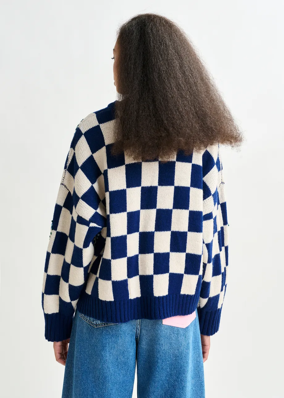 Navy, off-white and yellow checkerboard floral jacquard knit sweater