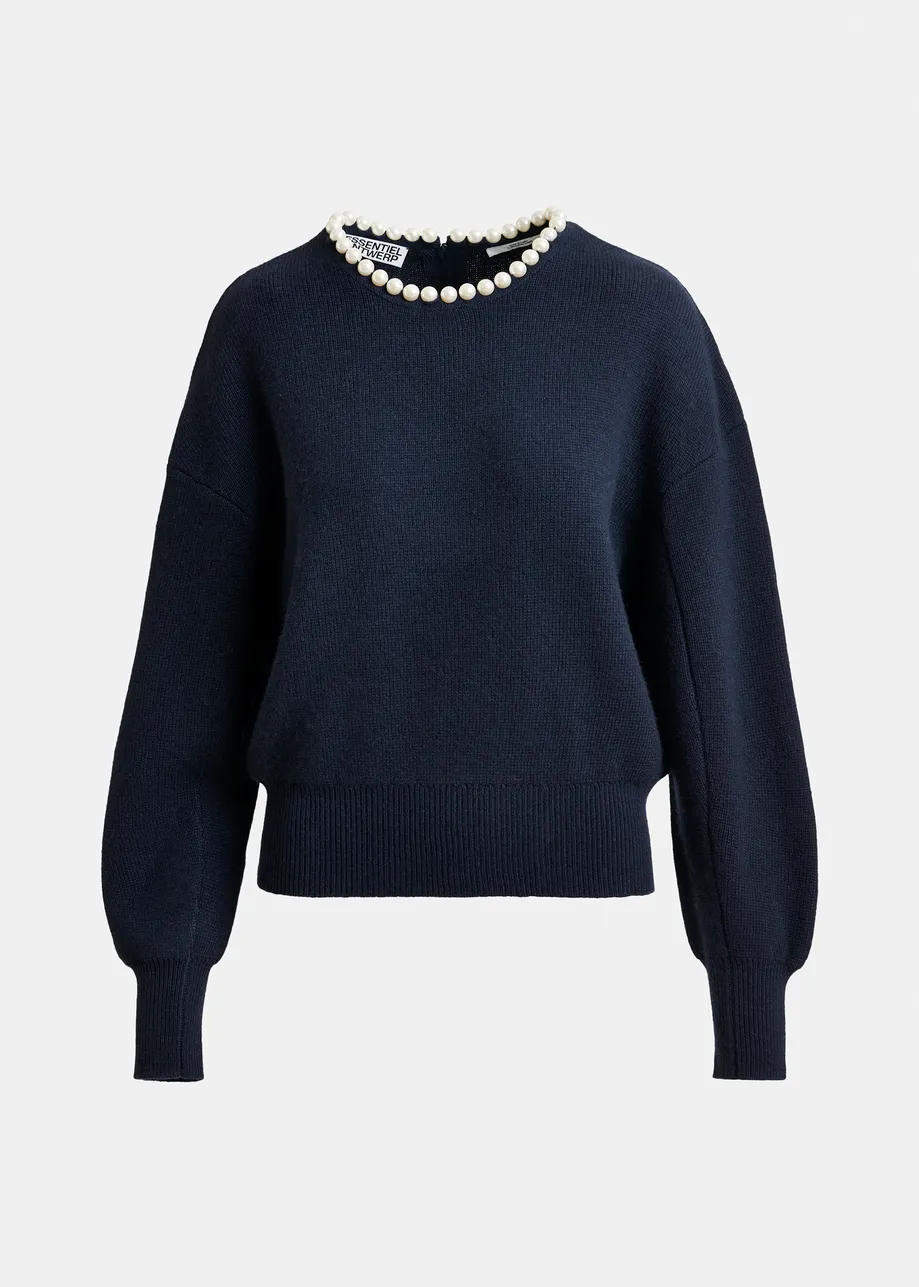 Navy pearl-embellished knit sweater