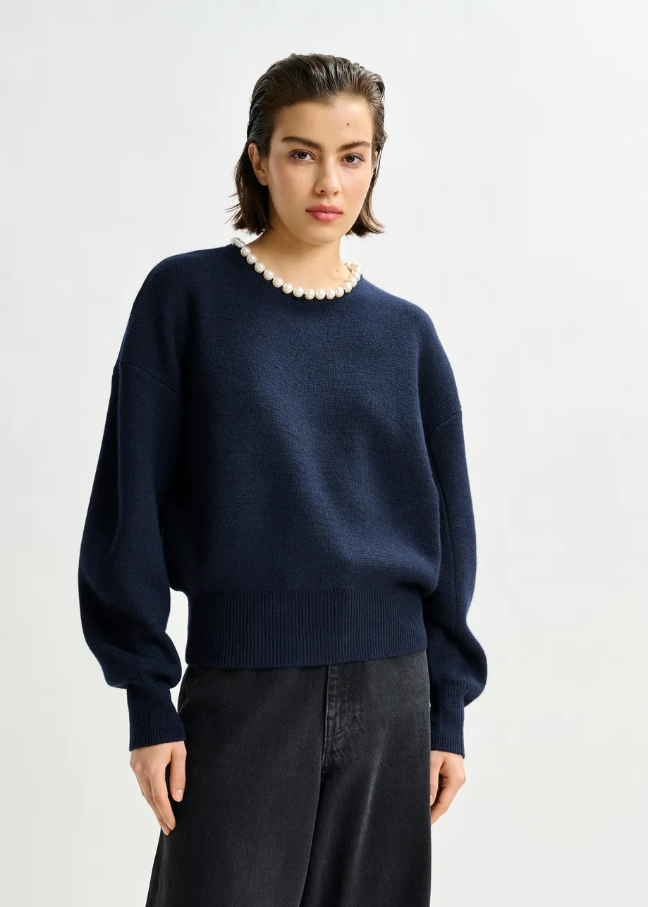Navy pearl-embellished knit sweater