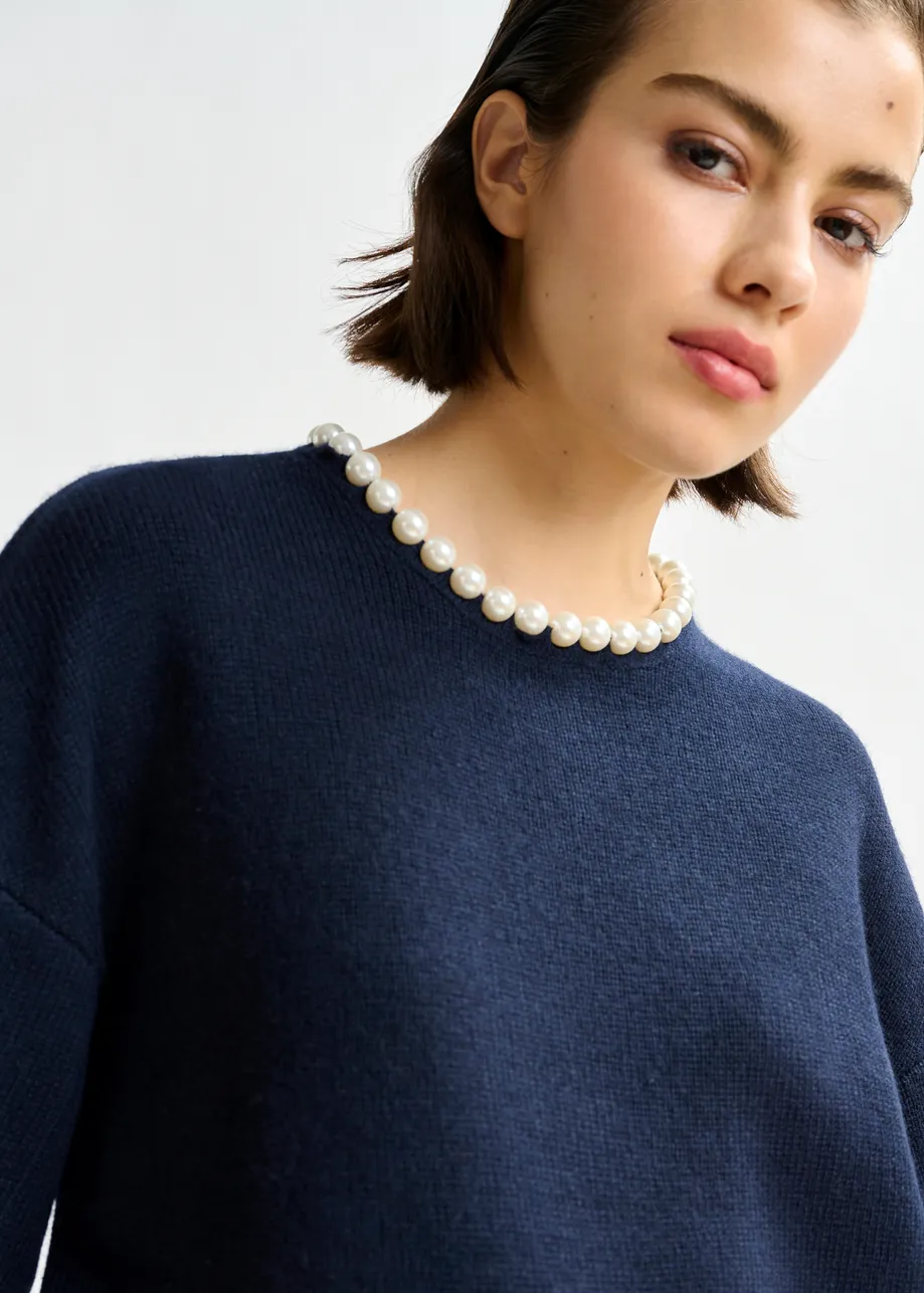 Navy pearl-embellished knit sweater