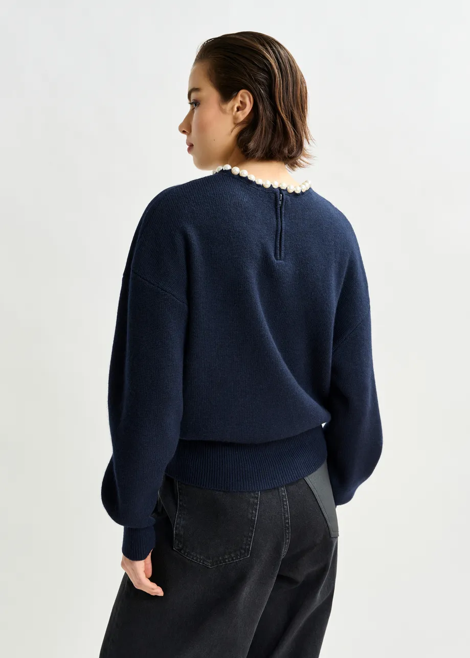 Navy pearl-embellished knit sweater