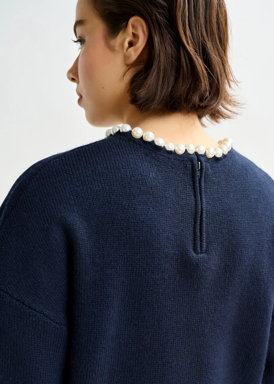 Navy pearl-embellished knit sweater