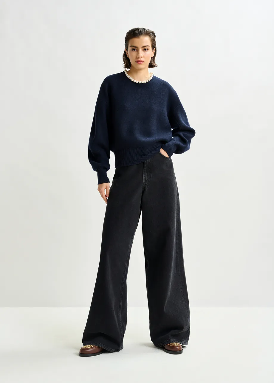 Navy pearl-embellished knit sweater