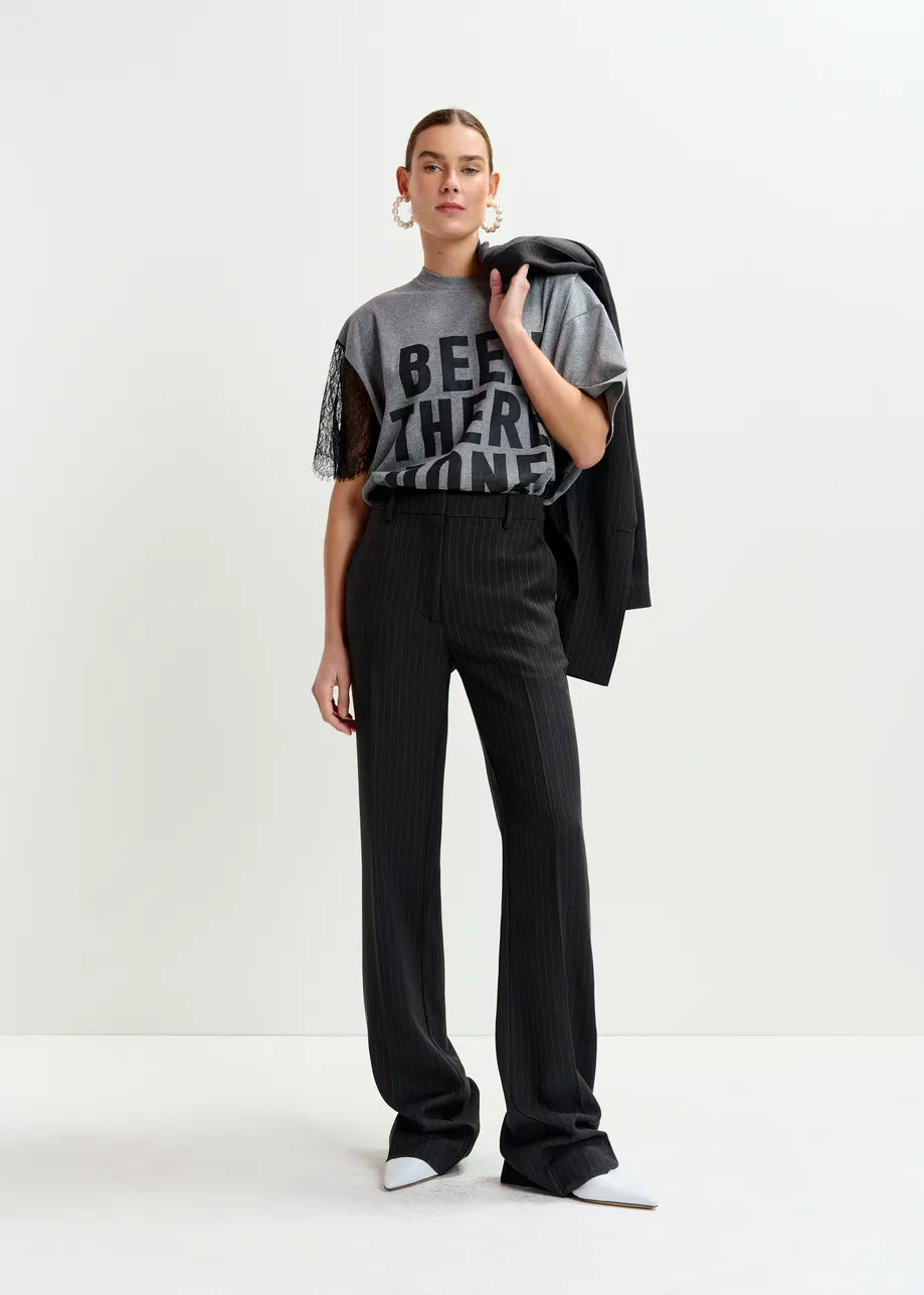 Navy and white pinstripe flared pants
