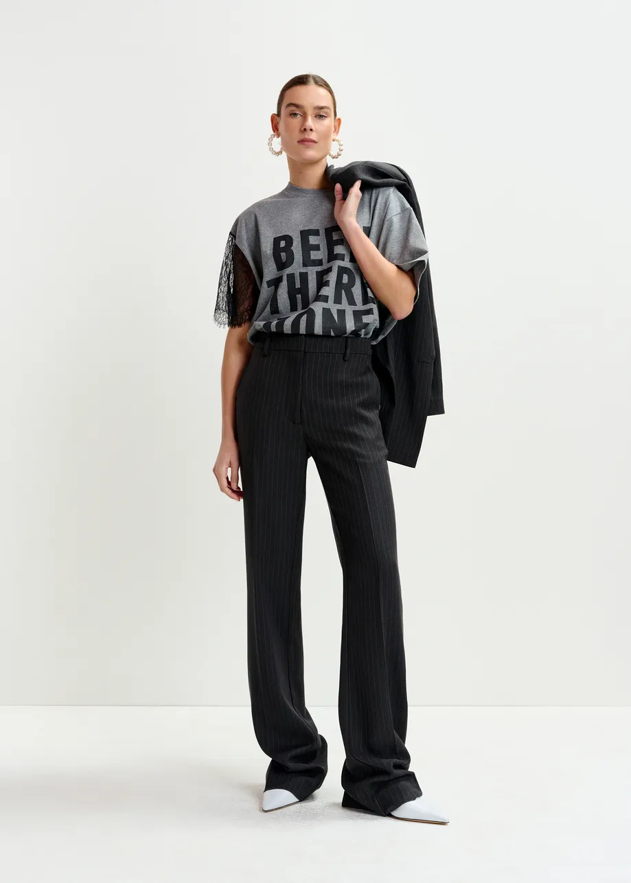 Navy and white pinstripe flared pants
