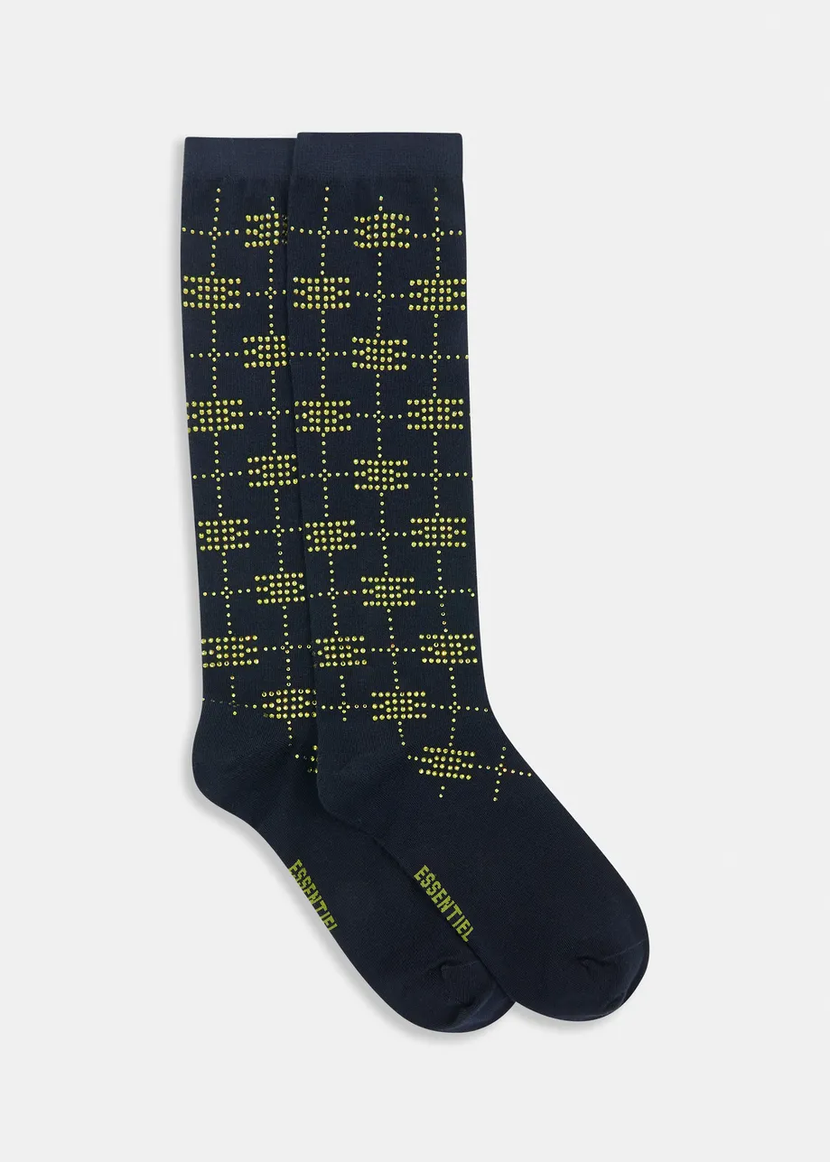 Navy socks with rhinestone-embellished bow details