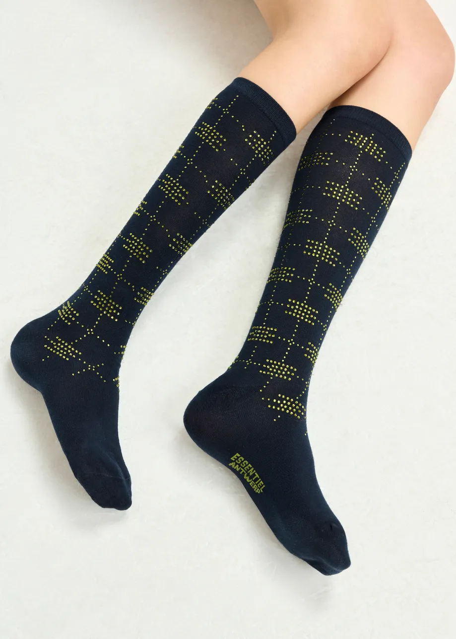 Navy socks with rhinestone-embellished bow details