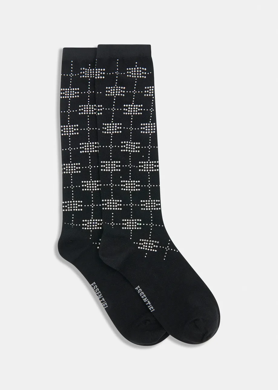 Black socks with rhinestone-embellished bow details