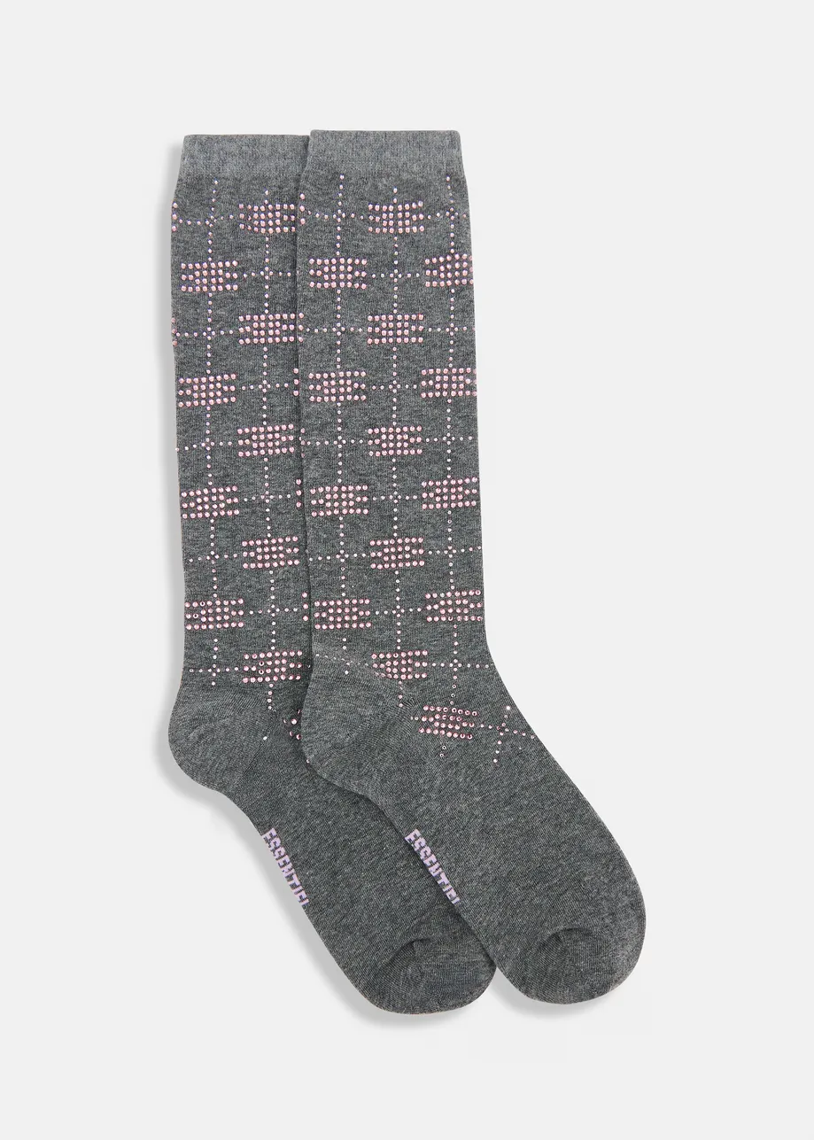 Grey socks with rhinestone-embellished bow details