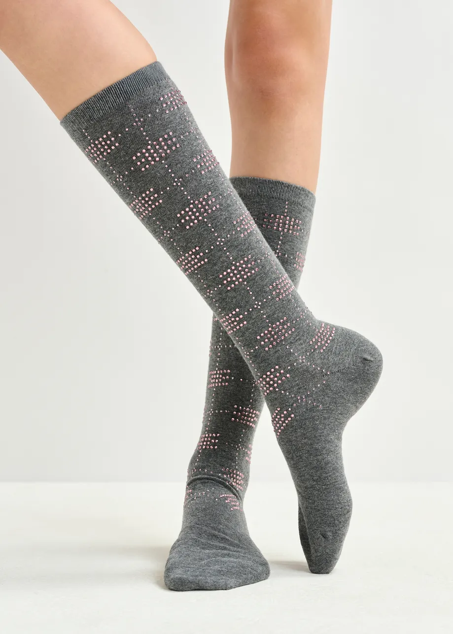 Grey socks with rhinestone-embellished bow details